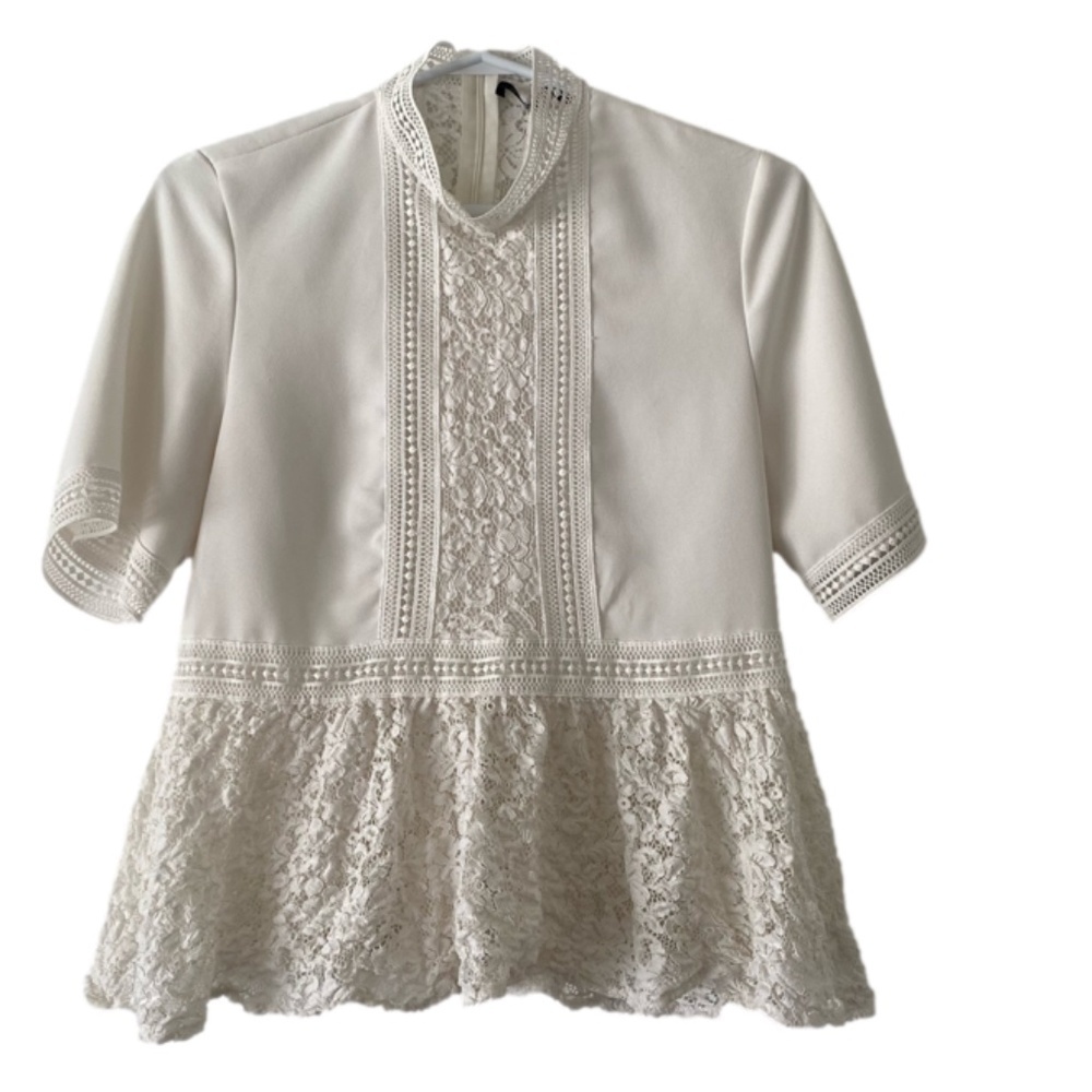 ZARA women white short sleeve peplum blouse with lace detail size S